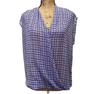 August Silk Surplice‎ Blouse Two Tone Blue Mixed Prints Bohemian Size Medium